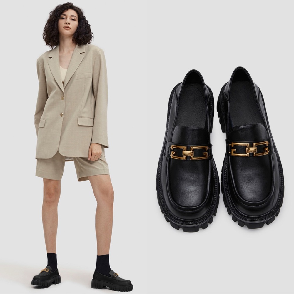 Black Leather Chunky Loafers with Gold Accent